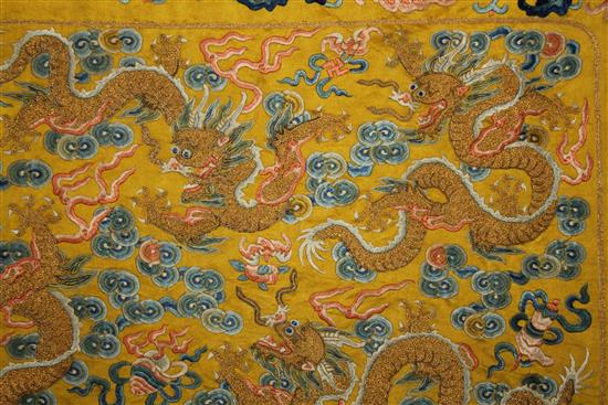 A Chinese Imperial yellow silk dragon throne seat cushion cover, Qing dynasty, 18th / 19th century, 90 x 126cm